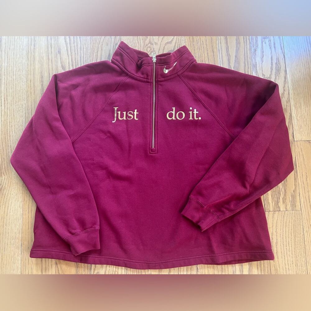 Nike Just Do It Burgandy Quarter Zip Pullover, Gold Writing, Size 1X, Comfy
